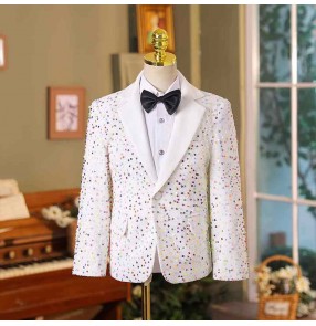 Boys white colorful sequins jazz dance blazers british style host singers pianist performance blazers birthday wedding party flower boys formal coats